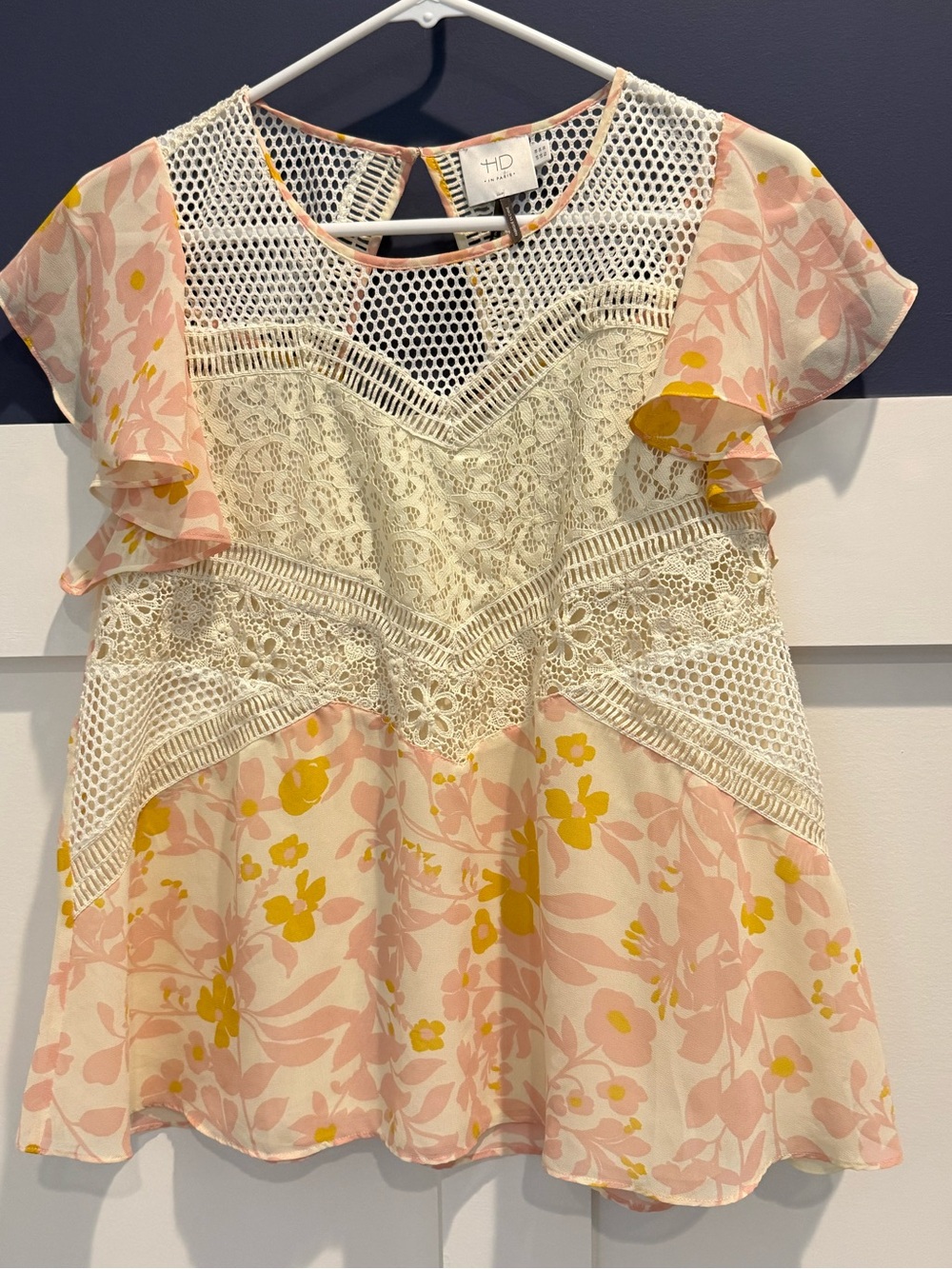 Anthropologie HD in Paris Pink and Yellow Floral Lace Mixed-Media Blouse Size 4